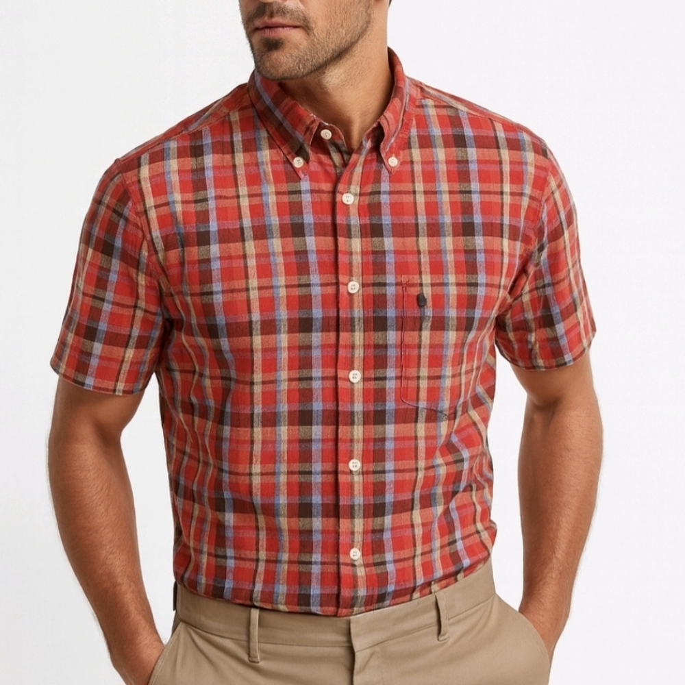 Le Frog Men's Shirt Red Colorful Plaid Short Sleeve Button Up 100% Cotto…